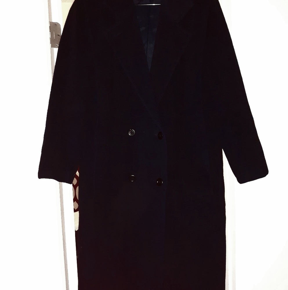 Cashmere Wool Long Navy Blue Dress Coat. Double breasted. Size Large.